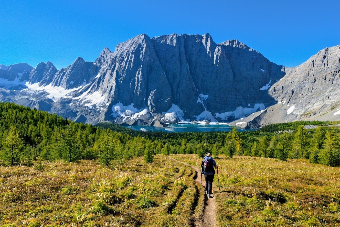 Approaching Floe Lake on Rockwall backpacking trip